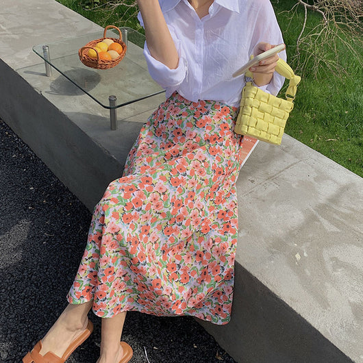 Falda Floral Cintura Alta Midi para Mujer
