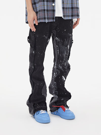 Pantalones Denim Acampanados Deconstruidos con Lavado Vintage y Efecto Capas - Image 3