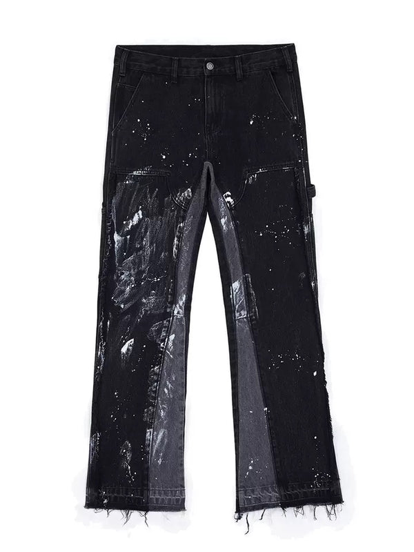 Pantalones Denim Acampanados Deconstruidos con Lavado Vintage y Efecto Capas