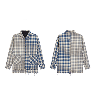 Chaqueta Camisa Patchwork con Flecos Deshilachados para Hombre - Estilo Urbano - Image 6