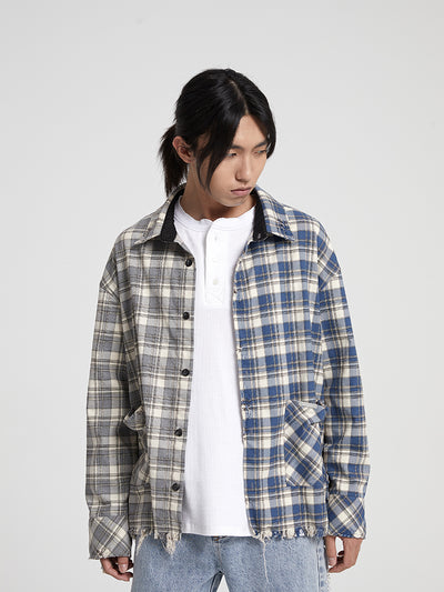 Chaqueta Camisa Patchwork con Flecos Deshilachados para Hombre - Estilo Urbano - Image 5