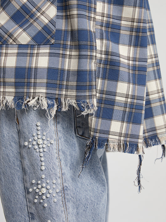 Chaqueta Camisa Patchwork con Flecos Deshilachados para Hombre - Estilo Urbano - Image 3