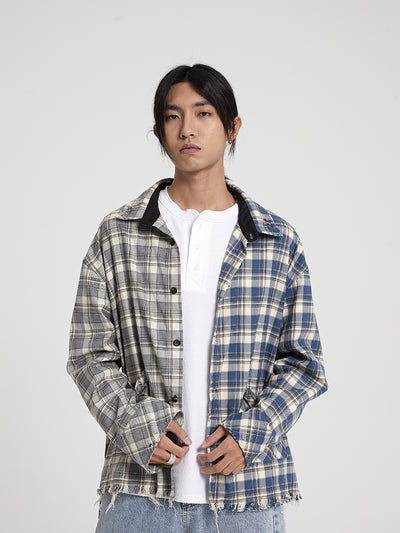 Chaqueta Camisa Patchwork con Flecos Deshilachados para Hombre - Estilo Urbano