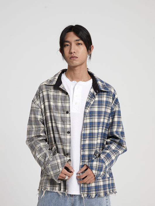 Chaqueta Camisa Patchwork con Flecos Deshilachados para Hombre - Estilo Urbano
