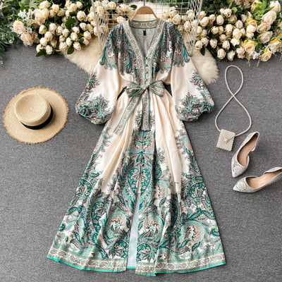 Vestido Largo Retro Estampado Cuello V Ajustado para Mujer - Image 10