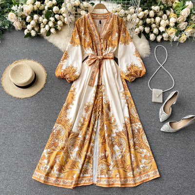 Vestido Largo Retro Estampado Cuello V Ajustado para Mujer - Image 9