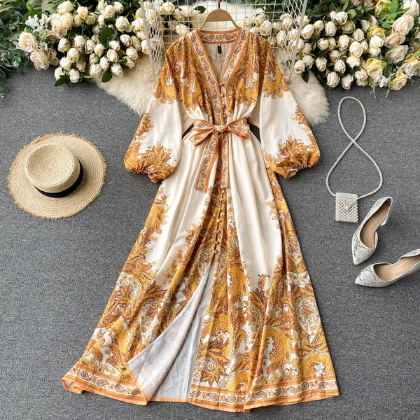Vestido Largo Retro Estampado Cuello V Ajustado para Mujer