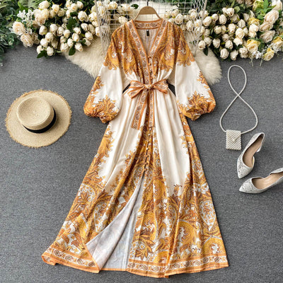 Vestido Largo Retro Estampado Cuello V Ajustado para Mujer