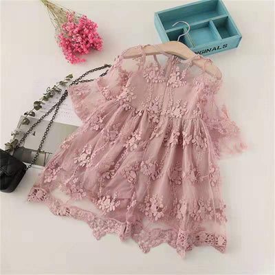 Vestido Casual de Malla Bordada con Forma de Hoja de Loto Manga Corta