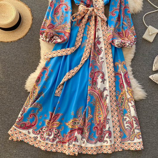Vestido Vintage Cuello en V con Mangas Abullonadas - Image 14