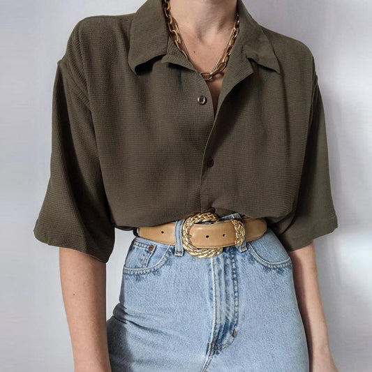 Camisa Retro Americana Verde Pickle Manga Corta