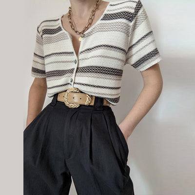 Camiseta Retro a Rayas Beige de Manga Corta - Image 6