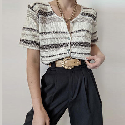 Camiseta Retro a Rayas Beige de Manga Corta - Image 4