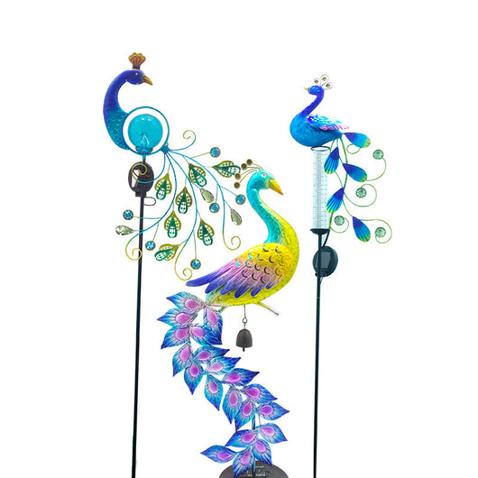 Lámpara Solar Pavo Real con Medidor de Lluvia - Luz Decorativa de Hierro Forjado