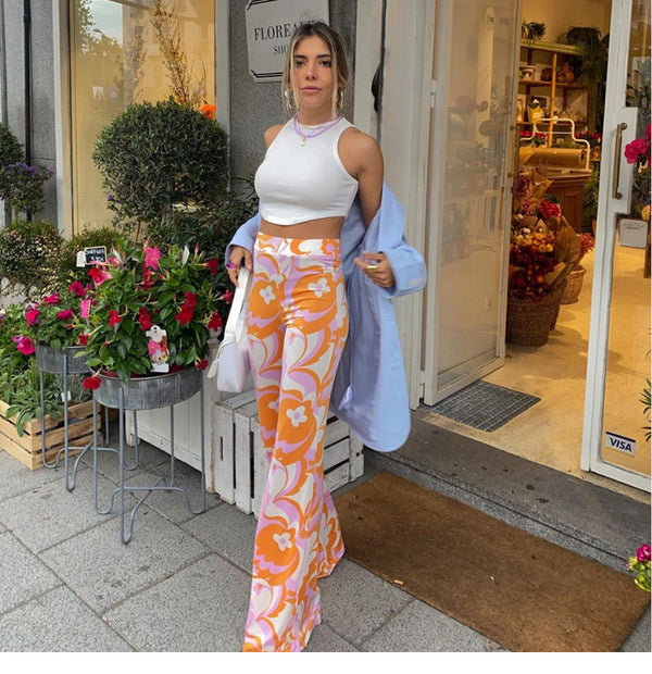 Conjunto Estilo Europeo: Blusa Estampada + Pantalón Acampanado Cintura Alta