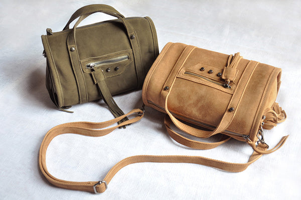Bolsa Mensajera de Cuero Retro Vintage con Borlas - Estilo Boston Cilíndrico