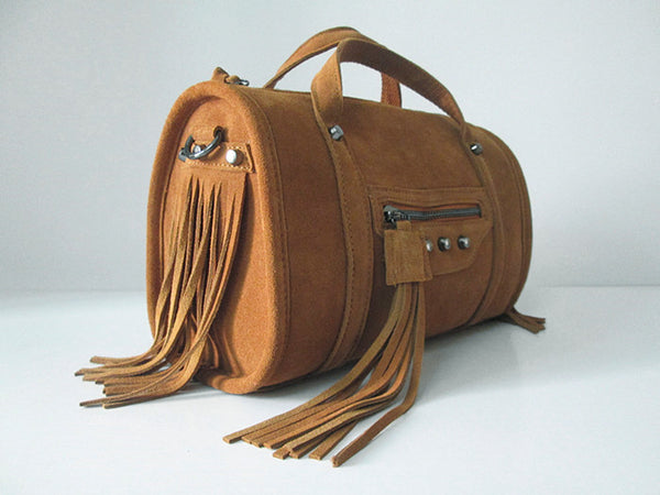 Bolsa Mensajera de Cuero Retro Vintage con Borlas - Estilo Boston Cilíndrico