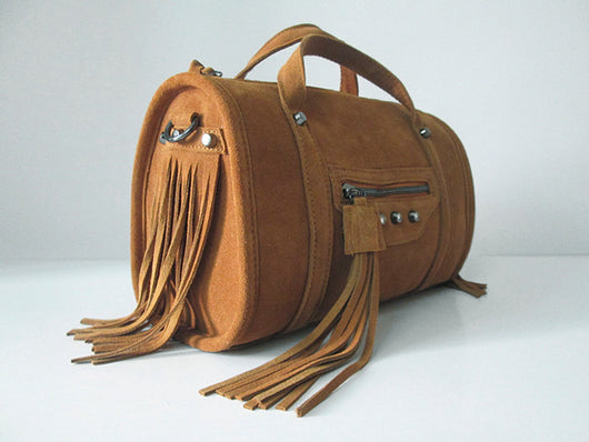 Bolsa Mensajera de Cuero Retro Vintage con Borlas - Estilo Boston Cilíndrico - Image 2