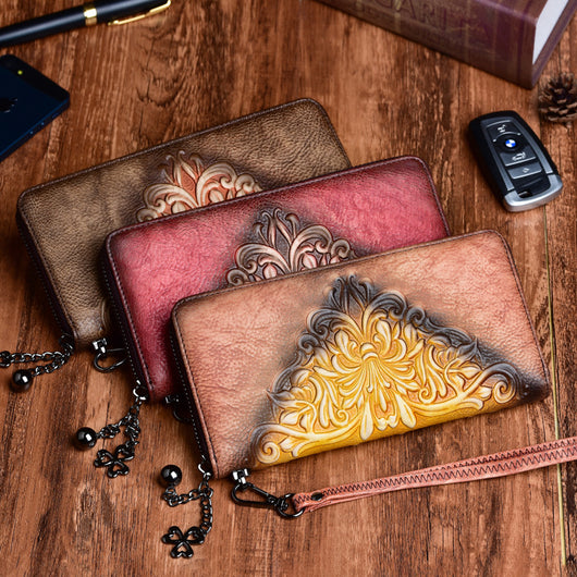 Cartera Retro de Cuero Genuino para Mujer - Clutch Largo Elegante