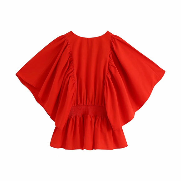 Blusa Roja Escote V con Mangas Acampanadas Anudadas