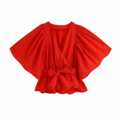 Blusa Roja Escote V con Mangas Acampanadas Anudadas