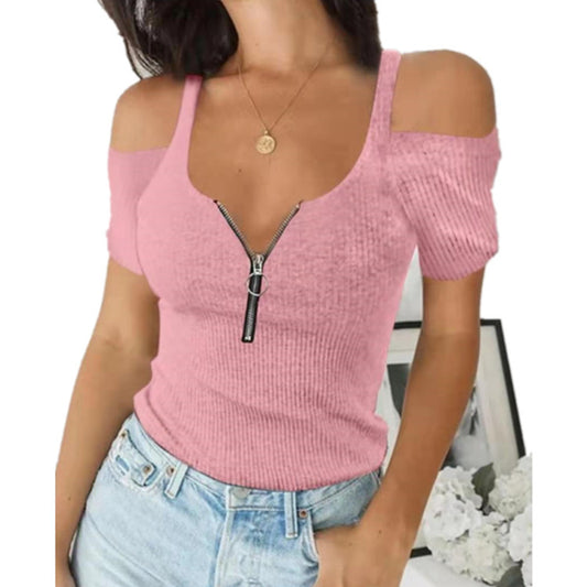 Camiseta Casual de Color Sólido con Decoración de Cremallera y Correa - Image 2