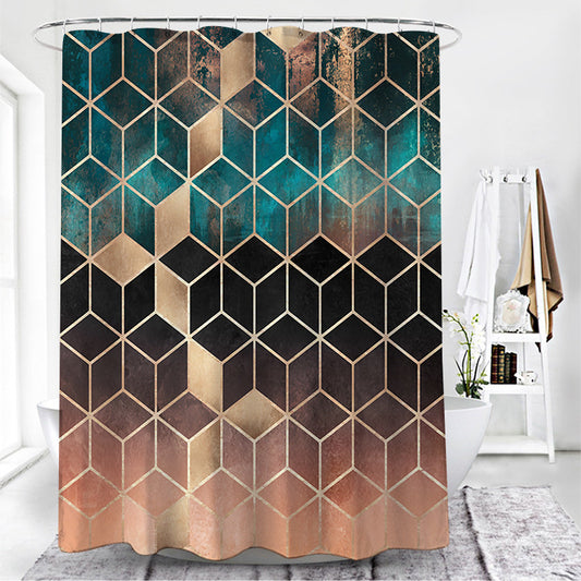 Modern shower curtain with a geometric gold hexagon pattern over a gradient of green leaves. - Image 2