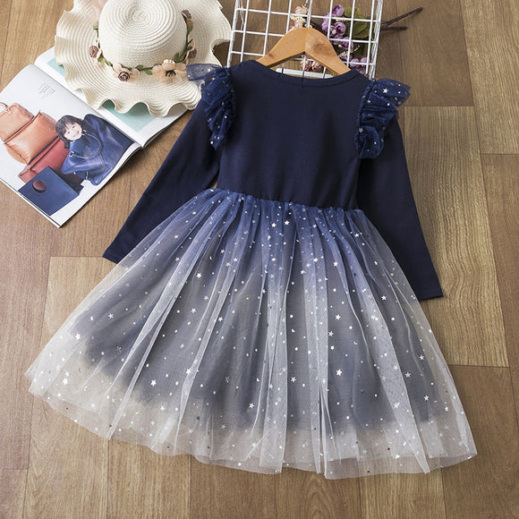 Vestido Princesa Manga Larga con Malla Degradado Cielo Estrellado