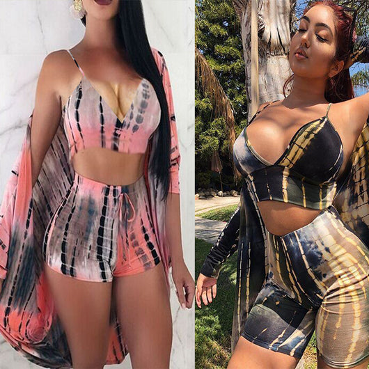 Woman wearing a black, green, and yellow tie-dye 3-piece swimsuit set with bralette, biker shorts, and cardigan. - Image 11