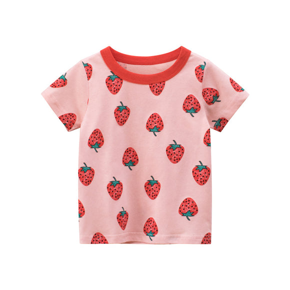 Camiseta Infantil Estampado Fresa de Manga Corta