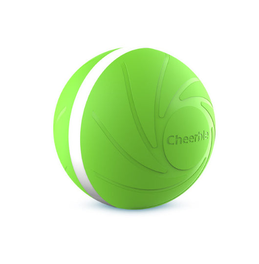 Bright lime green smart pet toy ball with a white stripe and 'Cheerble' logo, designed for cats and dogs. - Image 2