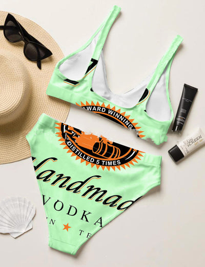 Printed high-waisted triangle split swimsuit with a black, white, and grey geometric pattern. - Image 6