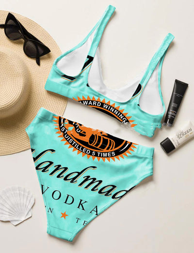 Printed high-waisted triangle split swimsuit with a black, white, and grey geometric pattern. - Image 7