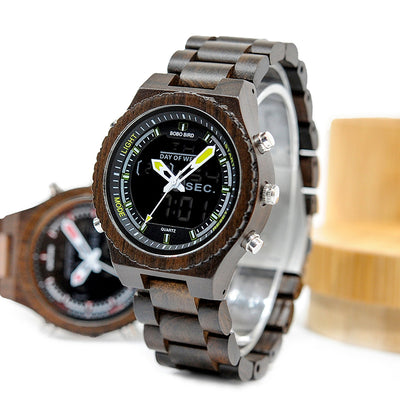 Reloj de Madera Multifunción con Movimiento Dual LED - Image 12