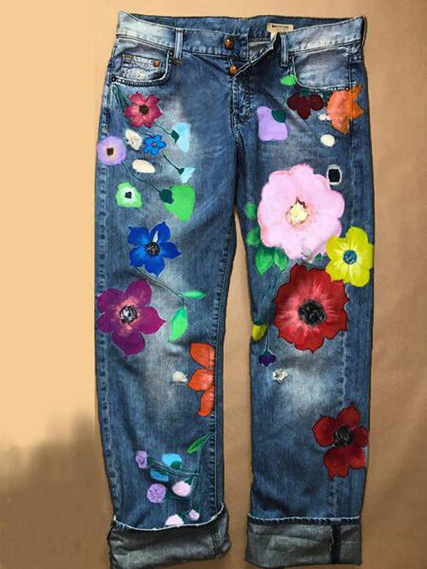 Pantalón Vaquero Recto Estampado Flor Roja con Detalles Rotos
