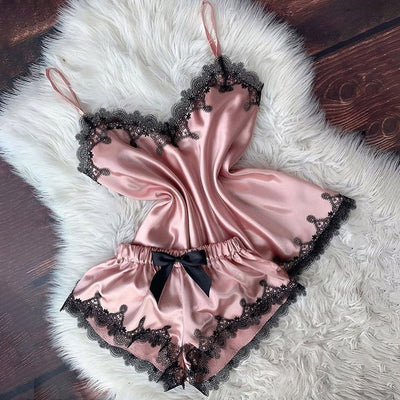 Pijama de Tres Piezas con Encaje de Pestañas y Moño en Escote V - Image 11