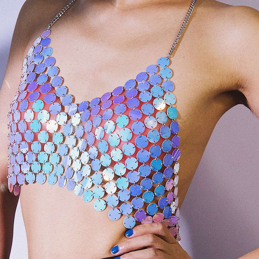 Holographic sequin body chain top with iridescent blue and purple round sequins, worn by a woman. - Image 9