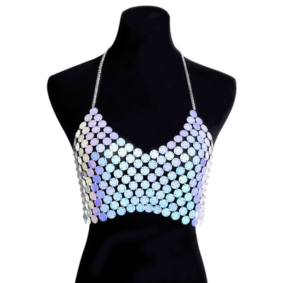 Holographic sequin body chain top with iridescent blue and purple round sequins, worn by a woman. - Image 5