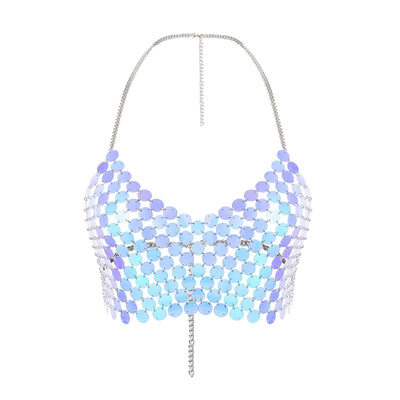 Holographic sequin body chain top with iridescent blue and purple round sequins, worn by a woman. - Image 4