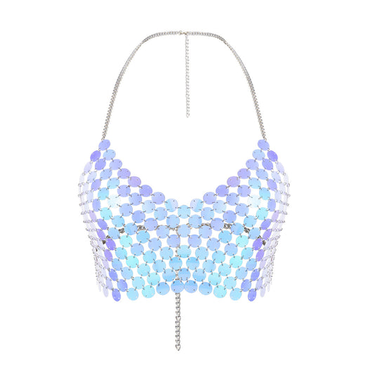 Holographic sequin body chain top with iridescent blue and purple round sequins, worn by a woman. - Image 4