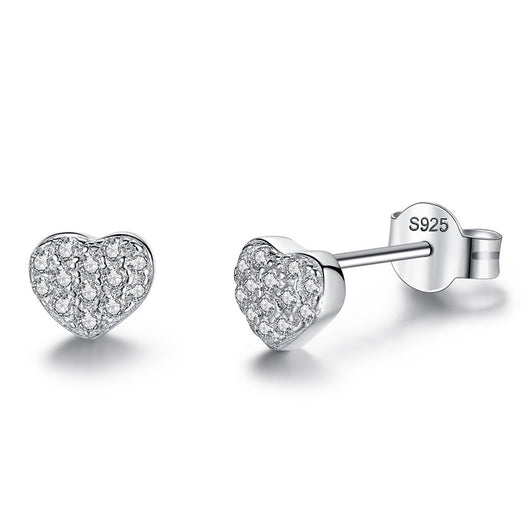Sterling silver heart-shaped stud earrings with pavé clear zircons, featuring butterfly backings. - Image 8