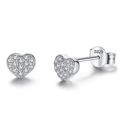 Sterling silver heart-shaped stud earrings with pavé clear zircons, featuring butterfly backings. - Image 2