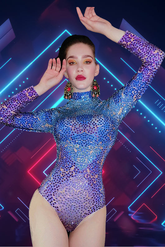 Traje de Escena Morado con Strass, Diseño de Horquilla Alta y Tela Elástica - Image 2