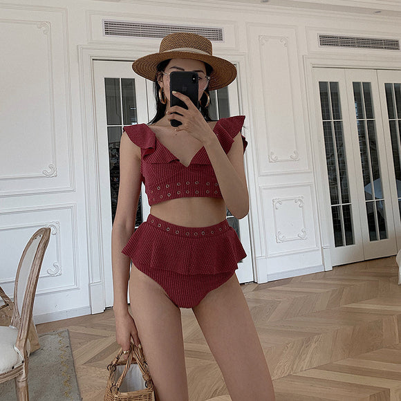 Bikini Fruncido Backless de Cintura Alta con Detalle Dividido