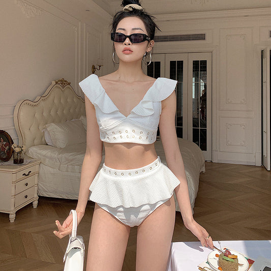 Bikini Fruncido Backless de Cintura Alta con Detalle Dividido