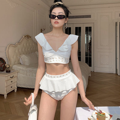 Bikini Fruncido Backless de Cintura Alta con Detalle Dividido