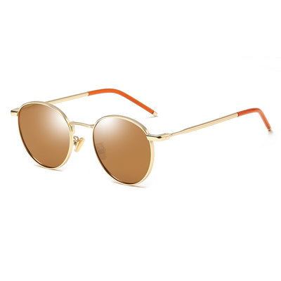 Women's retro round frame polarized sunglasses with gold metal frames, brown lenses, and orange temple tips. - Image 11