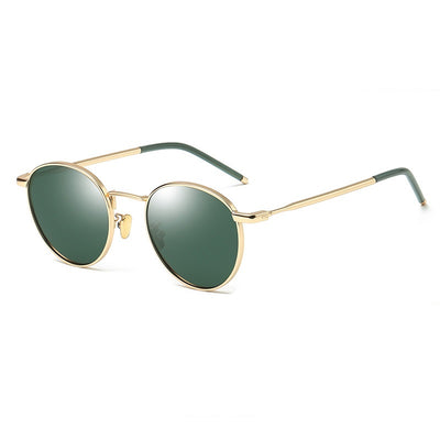 Women's retro round frame polarized sunglasses with gold metal frames, brown lenses, and orange temple tips. - Image 3