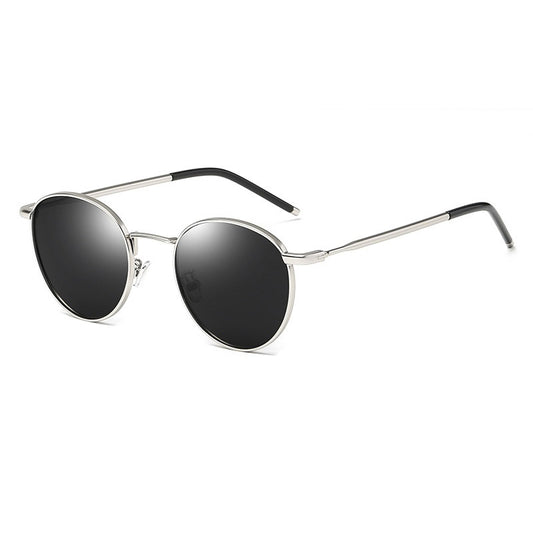 Women's retro round frame polarized sunglasses with gold metal frames, brown lenses, and orange temple tips. - Image 2