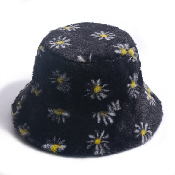 Gorro Pescador Coreano con Estampado Margarita - Abrigo Invierno Otoño Pelaje Conejo